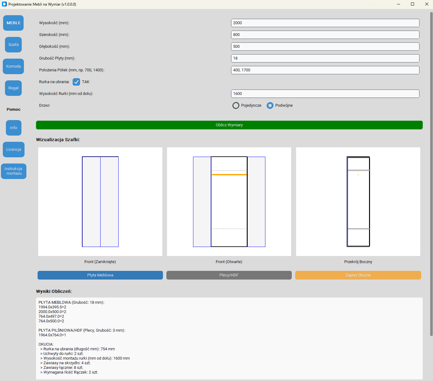 Obliczenia Szafy i widok na drzwi otwarte/zamknięte