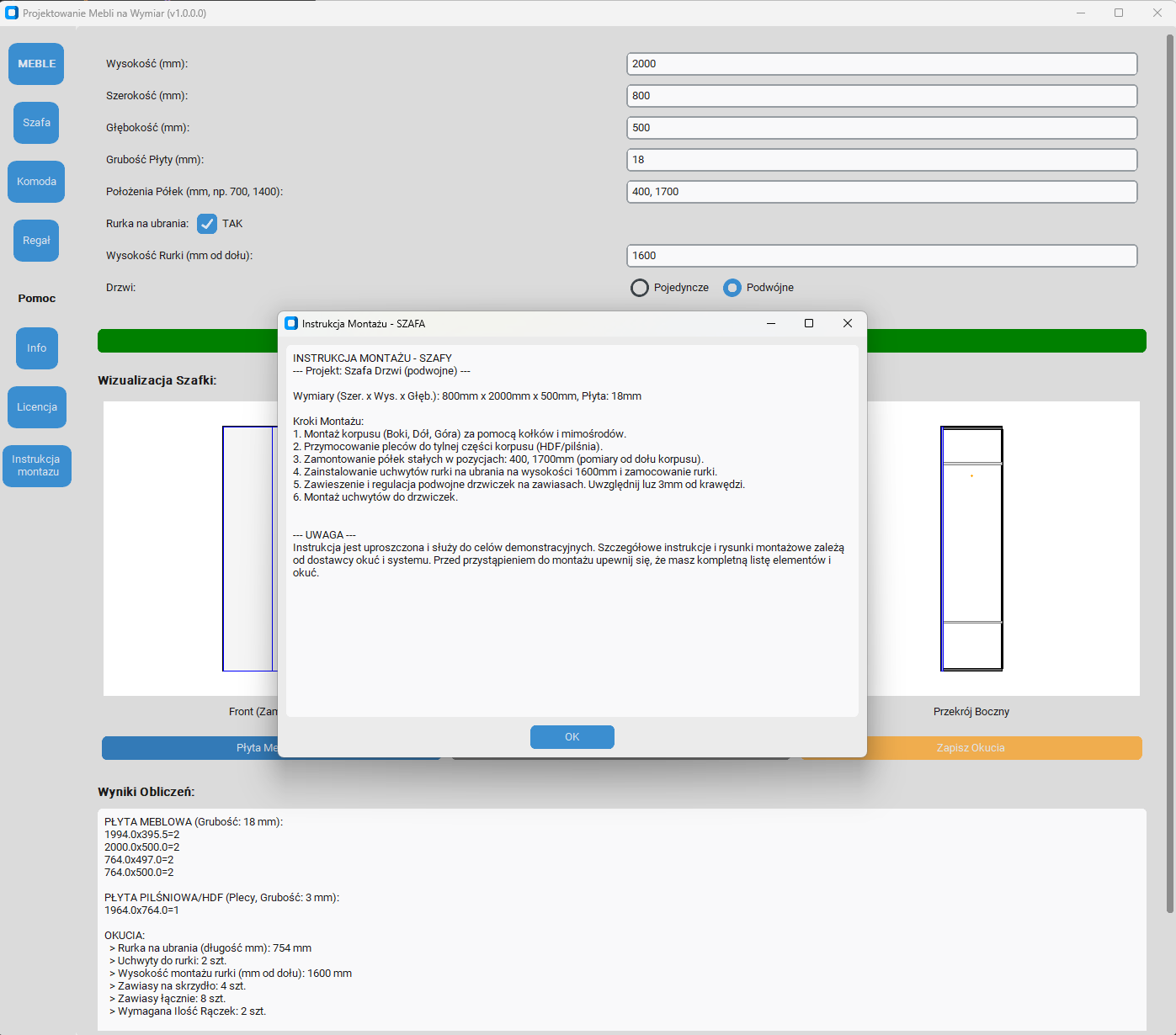 Lista Okucia i Akcesoria do szafy